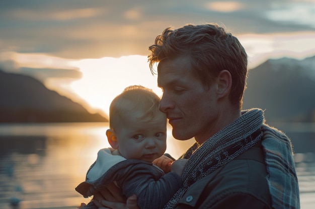 Photo a man holding a baby and a sunset behind him