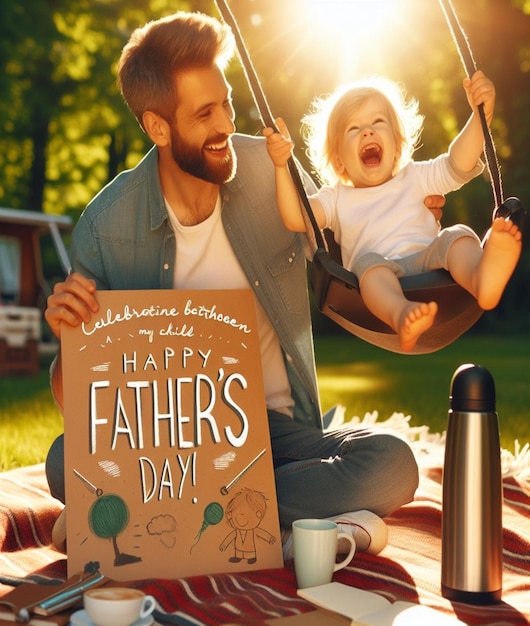 Photo a man holding a baby on a swing with a poster that says father day happy day