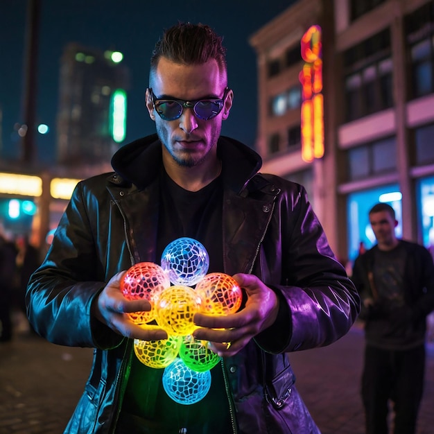 a man holding a ball with the word disco on it