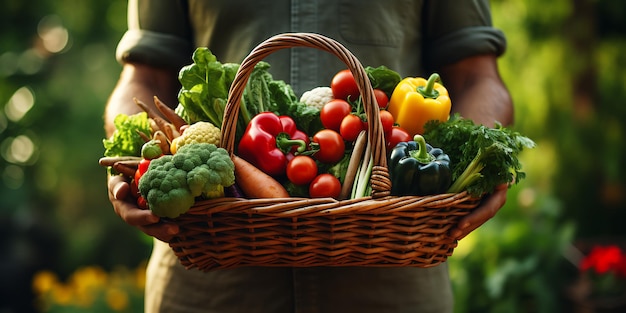 Man holding a basket of fresh vegetables on a dark background Healthy food concept