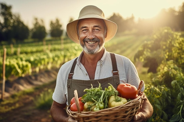 a man holding a basket of vegetables and a hat with a smile on his face