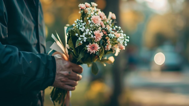 A man holding a beautiful bouquet of flowers while waiting for dating