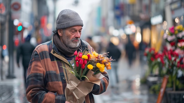 A man holding a beautiful bouquet of flowers while waiting for dating