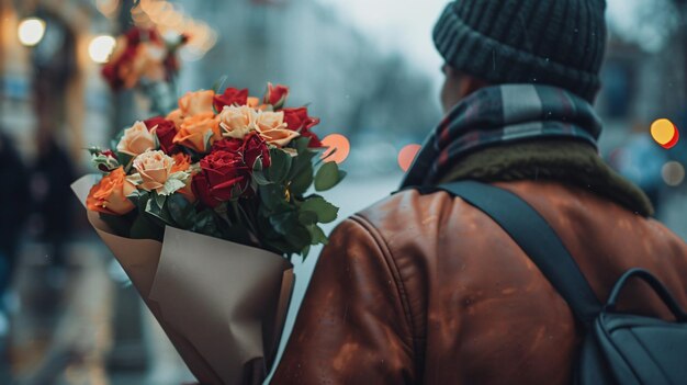 A man holding a beautiful bouquet of flowers while waiting for dating