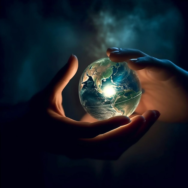 A man holding a beautiful illuminated small globe in his hands