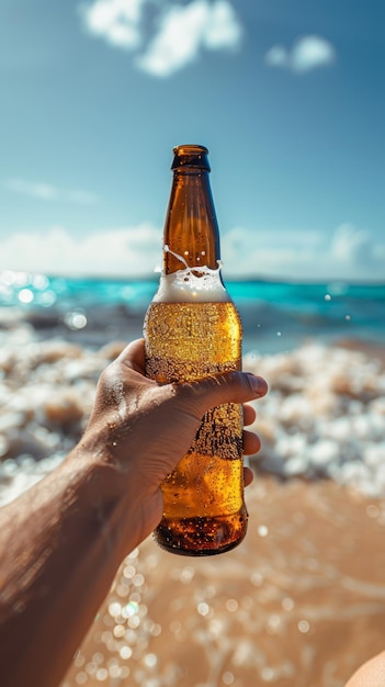 Man holding a beer bottle on a beach on a summer day Generative AI