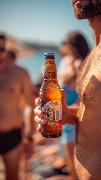 Man holding a beer bottle on the beach on a summer day Generative AI