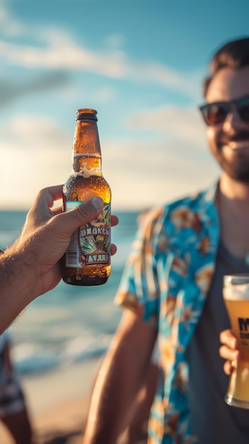 Man holding a beer bottle on a beach on a summer day Generative AI