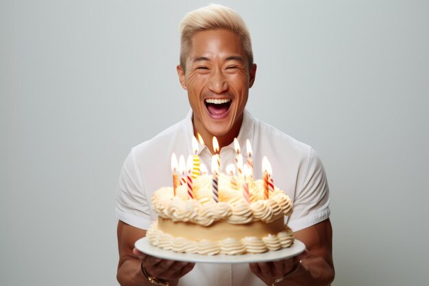 A man holding a birthday cake with lit candles This image can be used to celebrate birthdays and special occasions