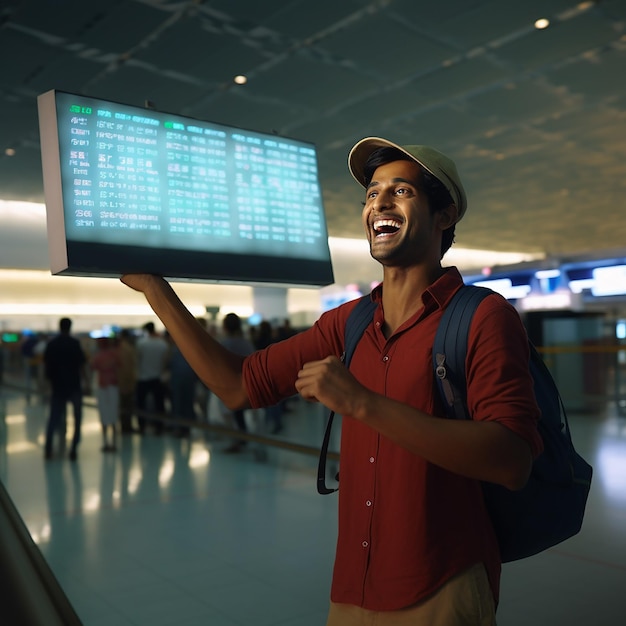 a man holding a blank sign in an airport