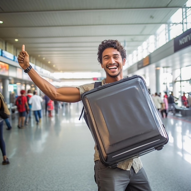 a man holding a blank sign in an airport