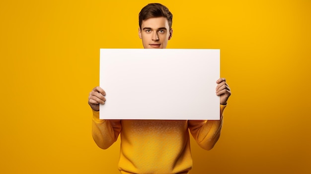 A man holding a blank whiteboard in front of a yellow background