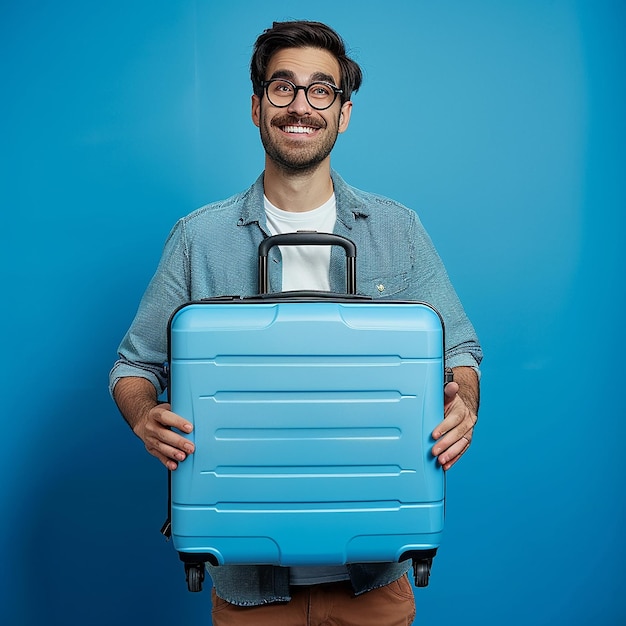 a man holding a blue suitcase that says quot the word quot on it