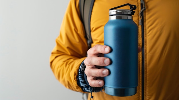 Photo man holding blue thermos on white background closeup