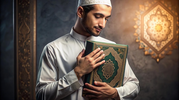 a man holding a book with the word quot no quot on it