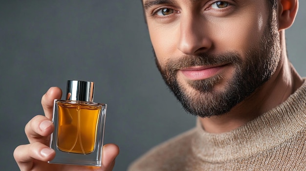 Photo man holding a bottle of perfume with a beard