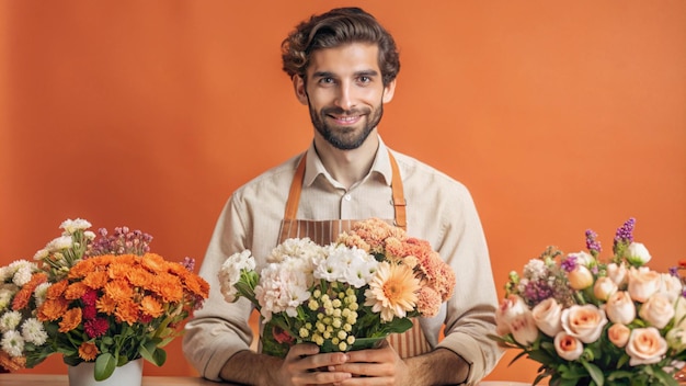 Photo a man holding a bouquet of flowers and a basket of flowers