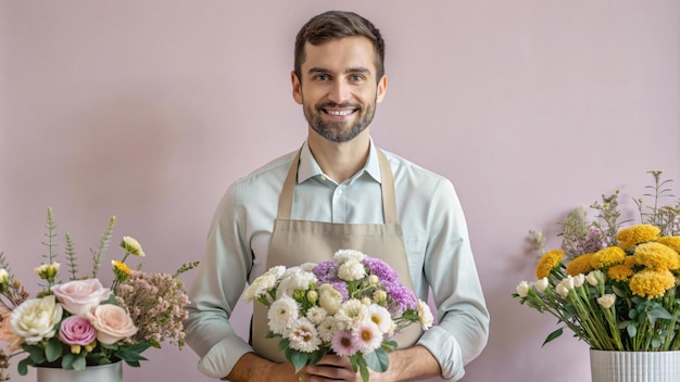 Photo a man holding a bouquet of flowers and a card that says quot flowers quot