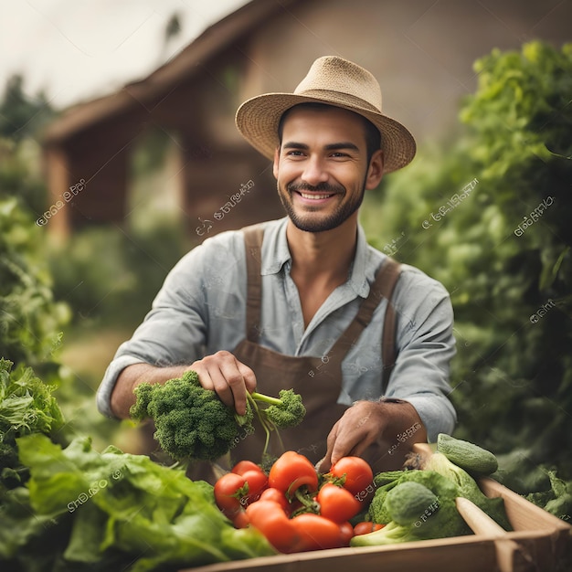 a man holding a box of vegetables with a straw hat that says  organic