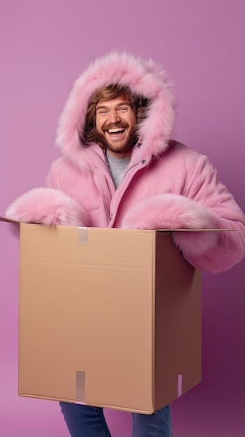 Man holding a box in winter clothes