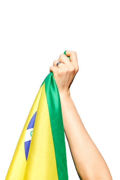 Man holding Brazil flag isolated.