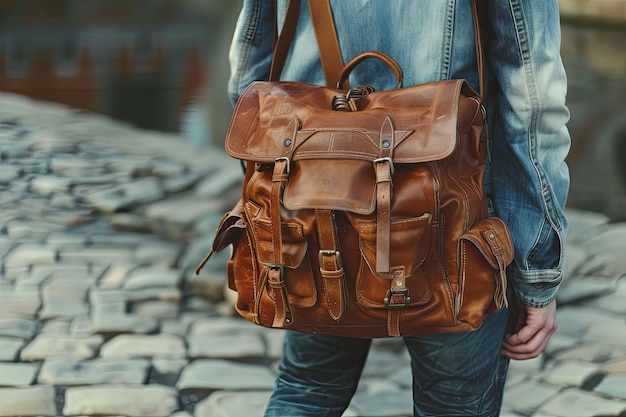 Photo man holding brown leather backpacks in the hand unisex bag