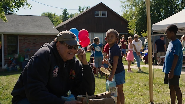 a man holding a bucket of water with a child holding a bag of water