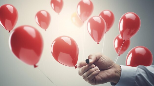 A man holding a bunch of red balloons with the word love on it