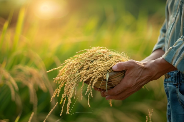 Man Holding Bundle of Rice paddy in Hand