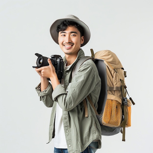 a man holding a camera and a camera with a hat on it