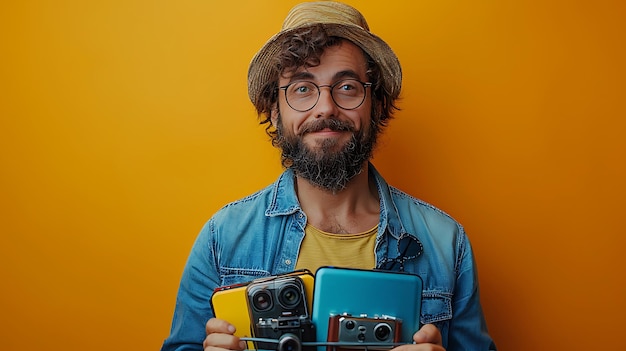 Photo a man holding a camera and a camera with a yellow background