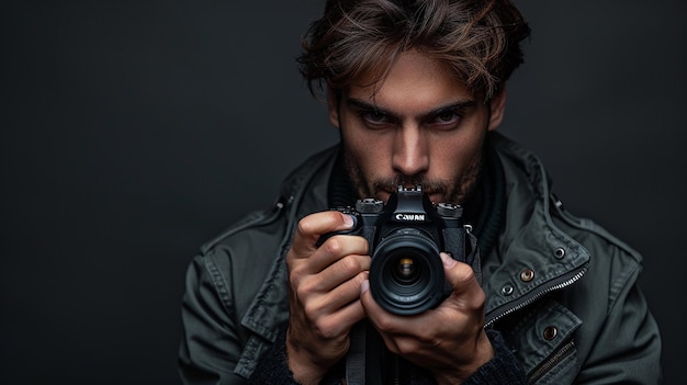 a man holding a camera and taking a picture with a black background