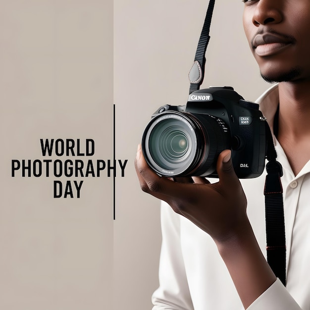 a man holding a camera that says world photography day photo