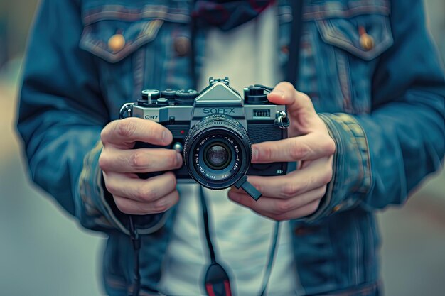 a man holding a camera with a camera in his hand