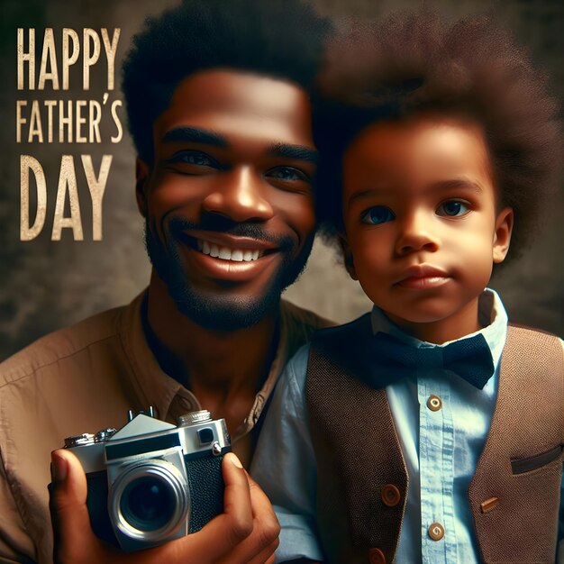 a man holding a camera with a little boy holding a camera