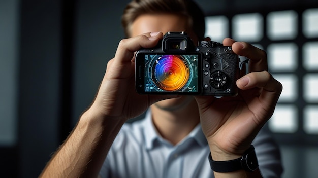 a man holding a camera with a rainbow lens