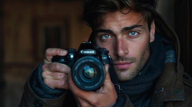 Photo a man holding a camera with the word canon on it