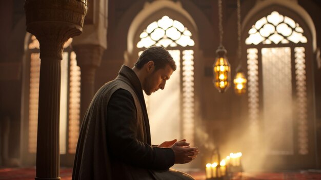 Photo man holding candle inside church during ramadan 2024