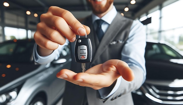 a man holding a car key that says quot new quot on the keys