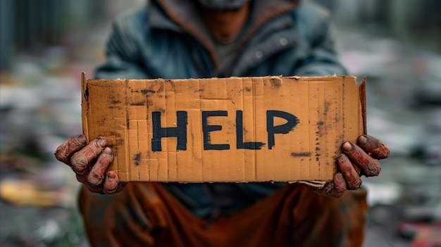 Photo man holding cardboard sign help