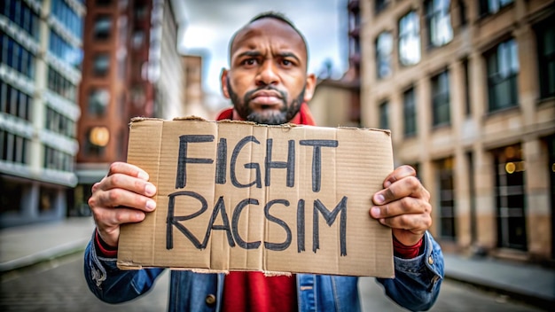 a man holding a cardboard sign that says fight against fight