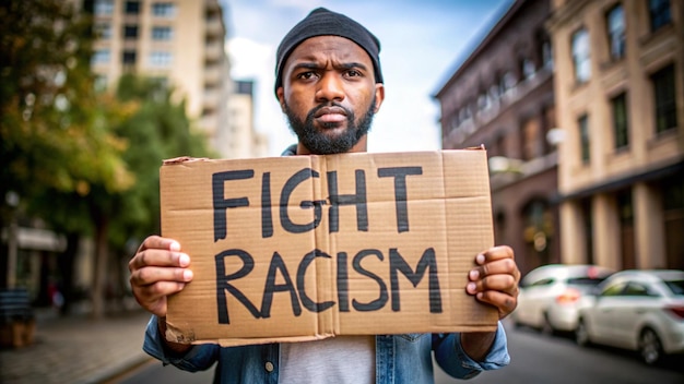 a man holding a cardboard sign that says fight against fighting