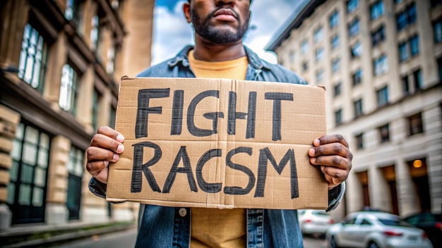 a man holding a cardboard sign that says fight fight