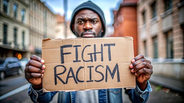 a man holding a cardboard sign that says fight fight