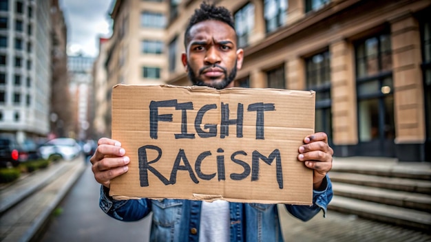 a man holding a cardboard that says fight against war