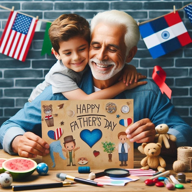 Photo a man holding a child and a card that says happy fathers day