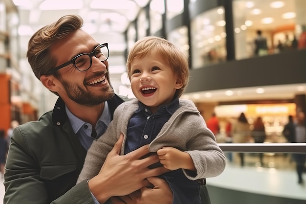 A man holding a child in a shopping mall