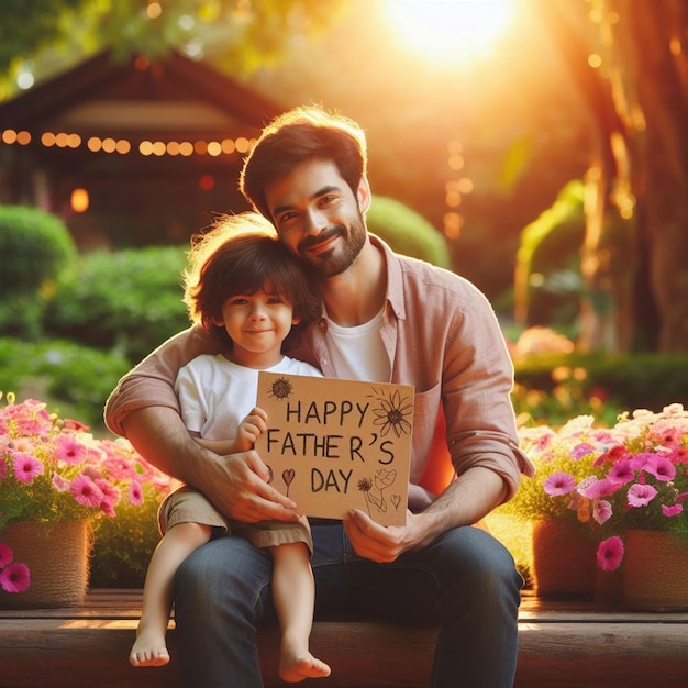 a man holding a child and a sign that says happy birthday on it