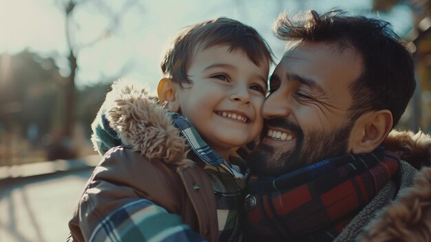 a man holding a child and smiling at the camera