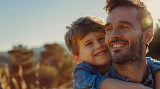 a man holding a child and smiling at the camera